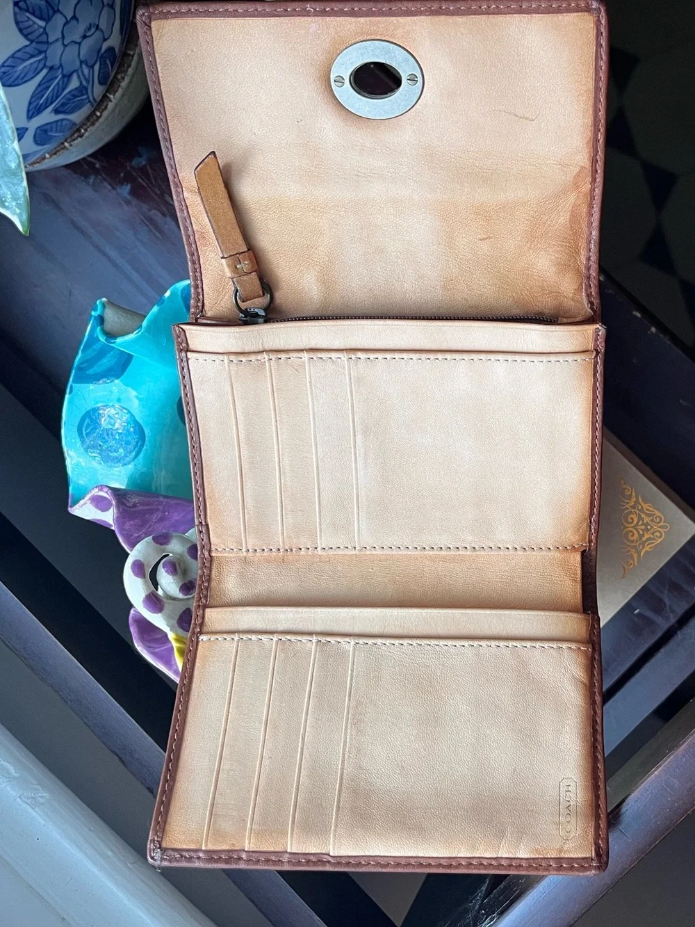 Vintage Coach Cream Wallet with Blue Stripe Accent and Leather Trimming